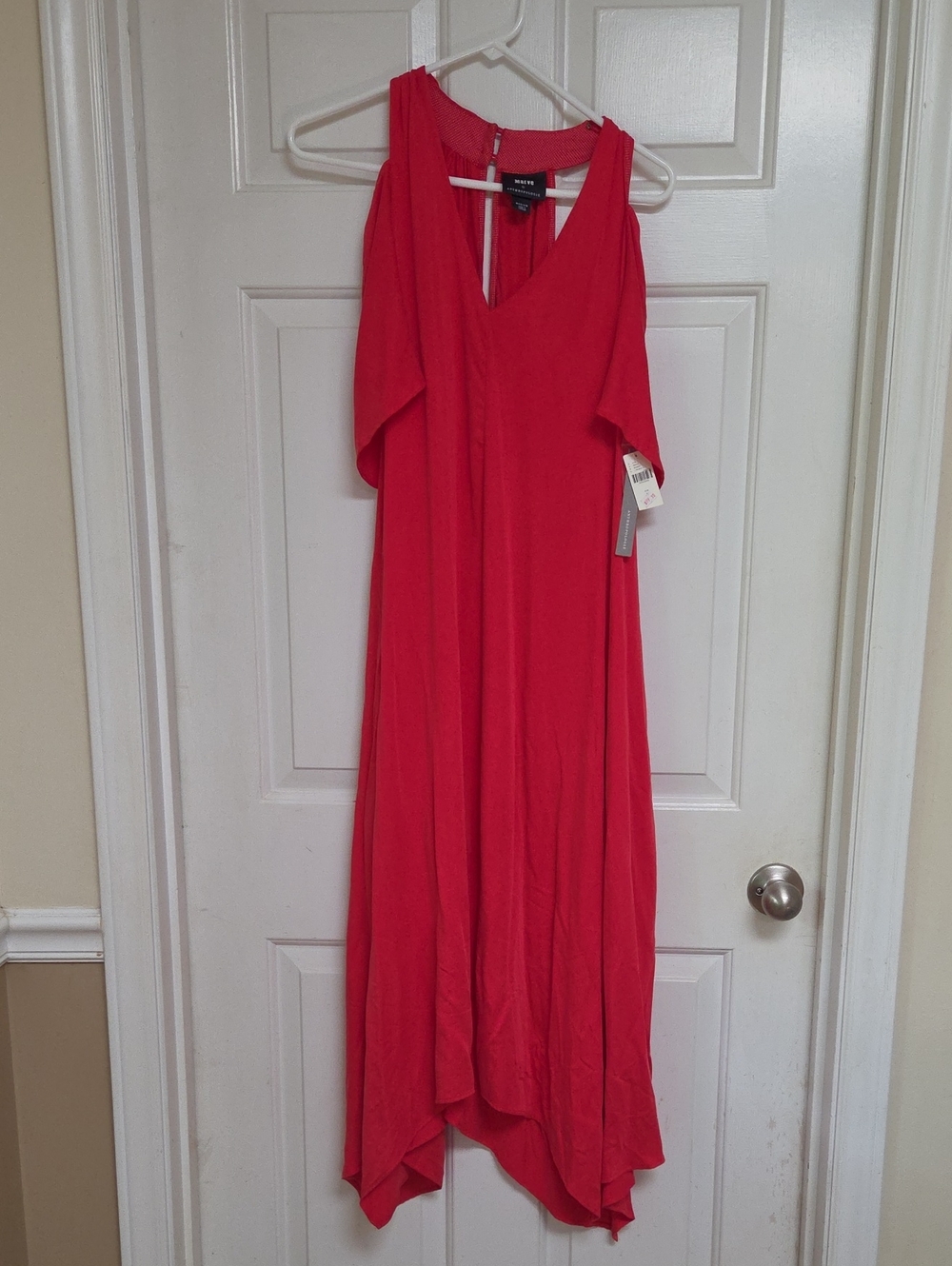 Maeve By Anthro Vibrant Red Asymmetrical Cold-Shoulder Maxi Dress W/ Pockets